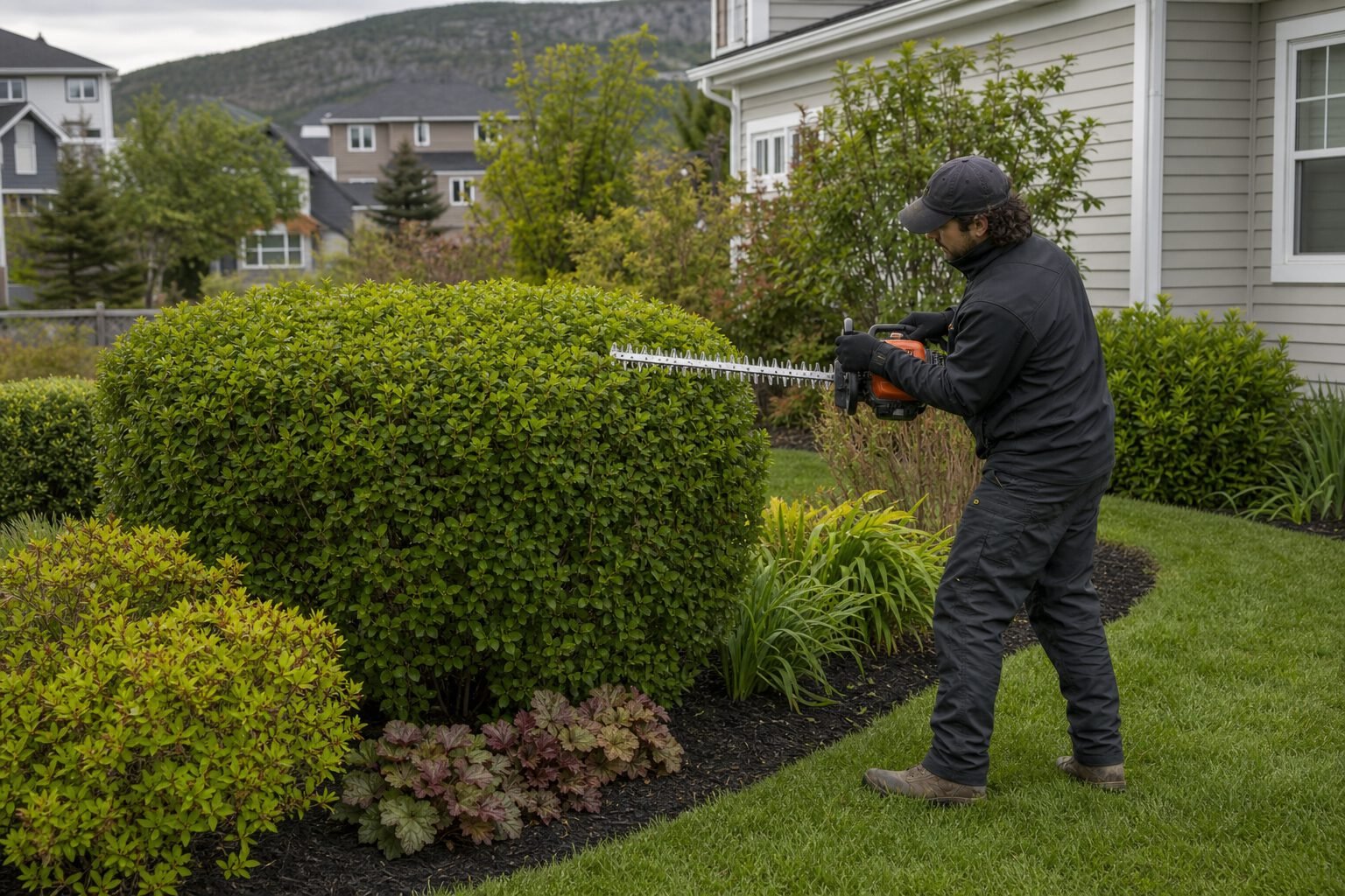 Professional shrub trimming in a Newfoundland suburban yard